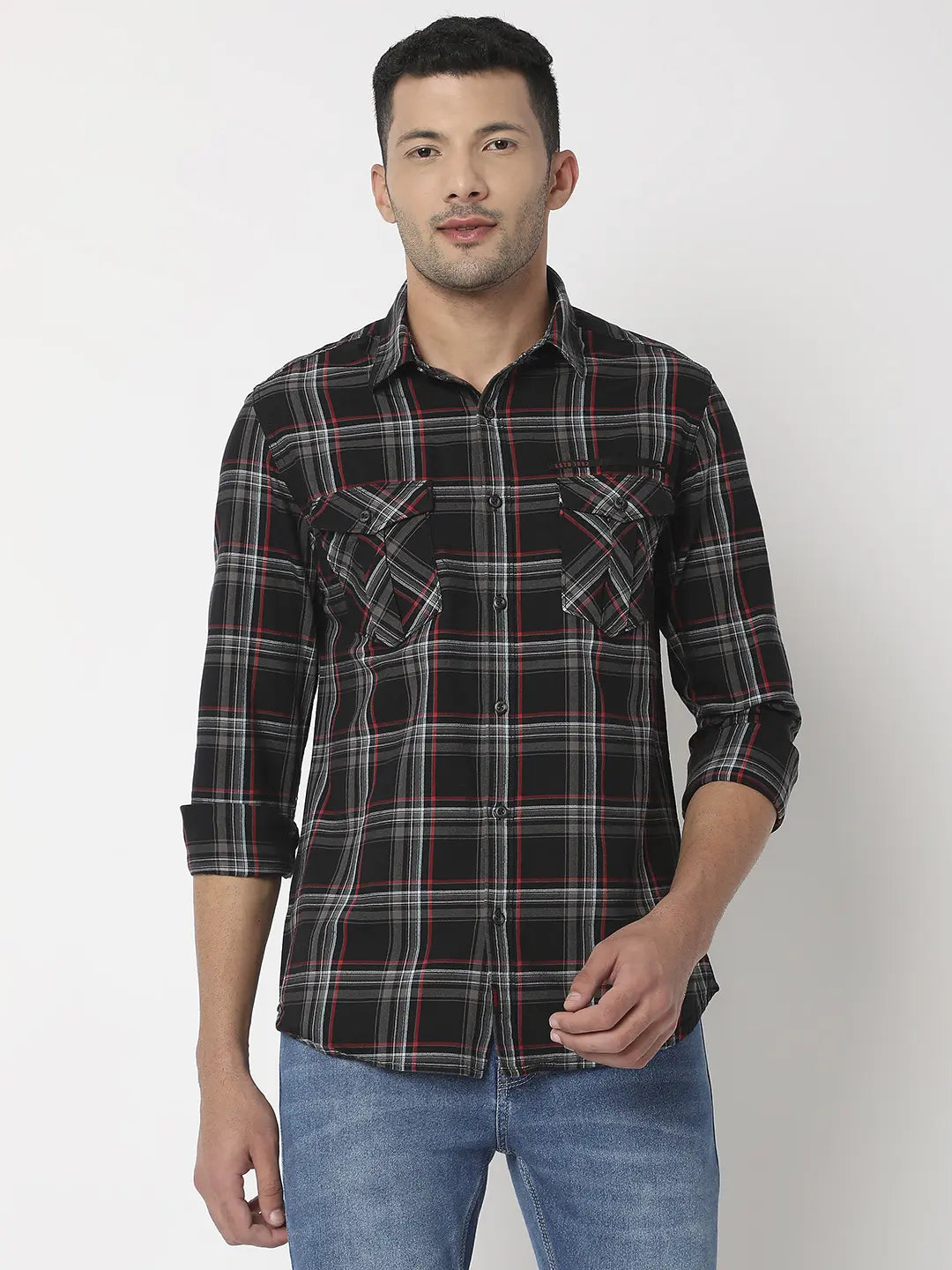 Spykar Men Mud Brown Cotton Slim Fit Checkered Shirt