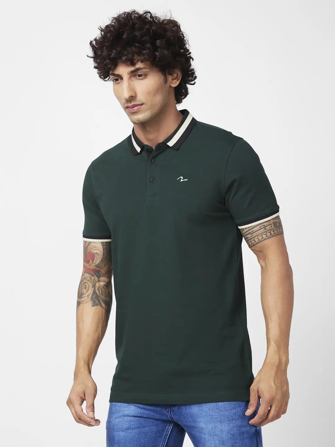 Spykar Men Bottle Green Blended Slim Fit Half Sleeve Polo Neck Casual Plain Polo Tshirt
