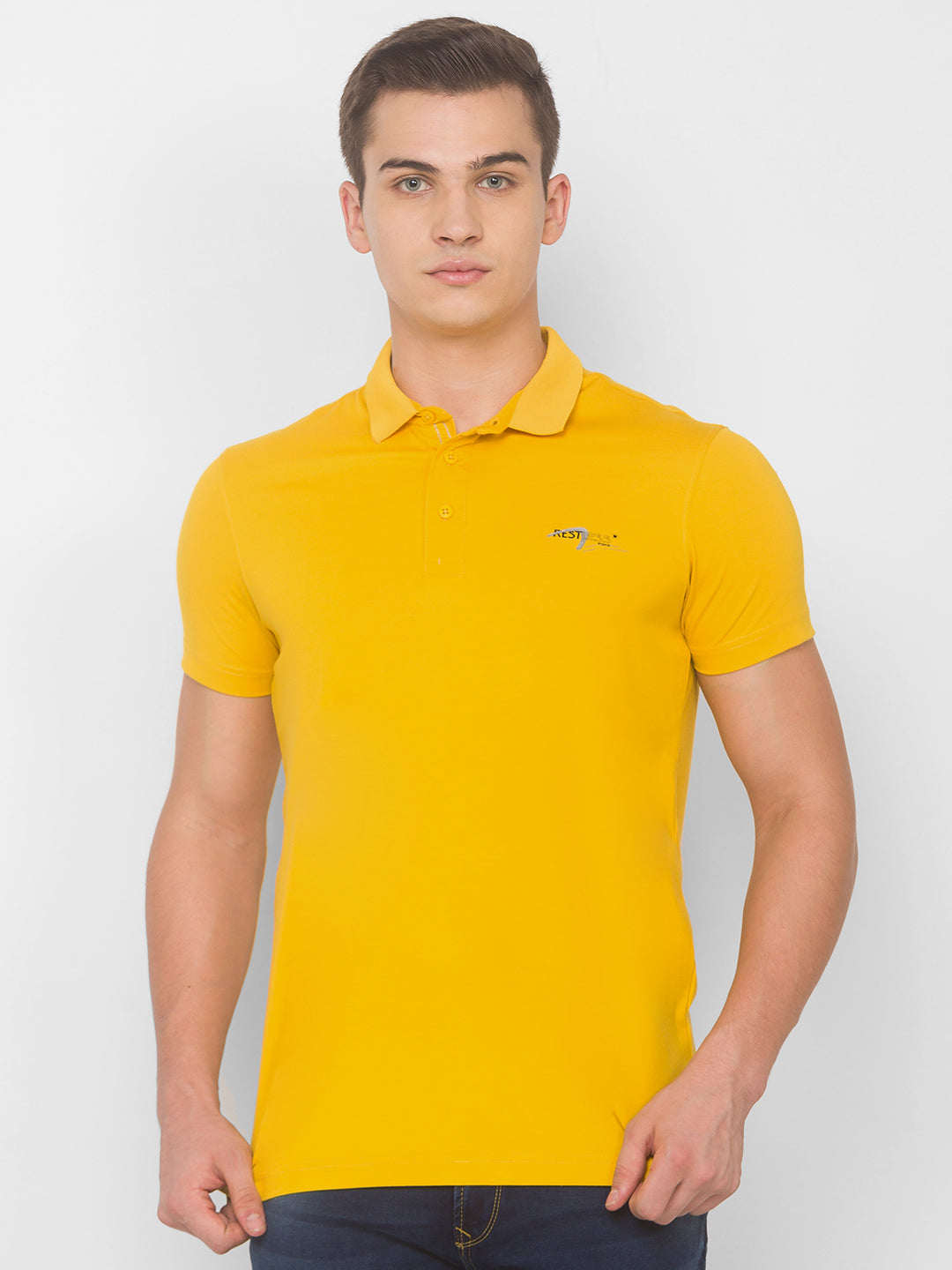 Spykar Men Yellow Cotton Slim Fit Round Neck T-Shirt