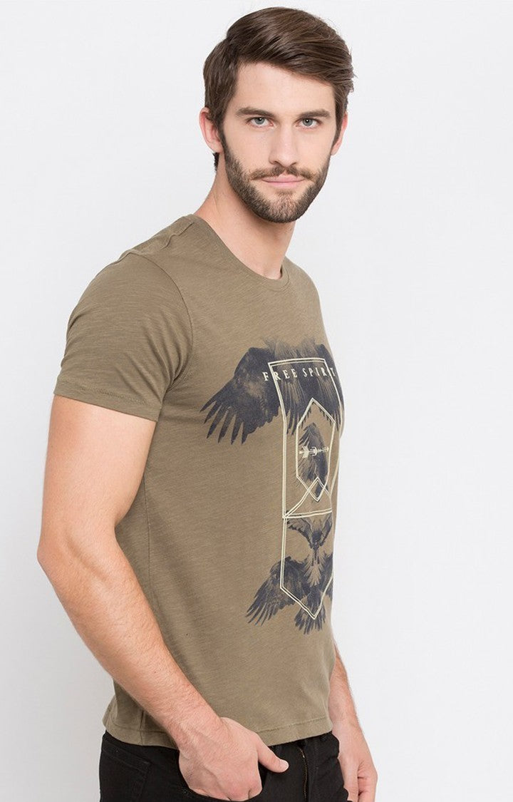 Spykar Green Printed Slim Fit Men T-Shirts