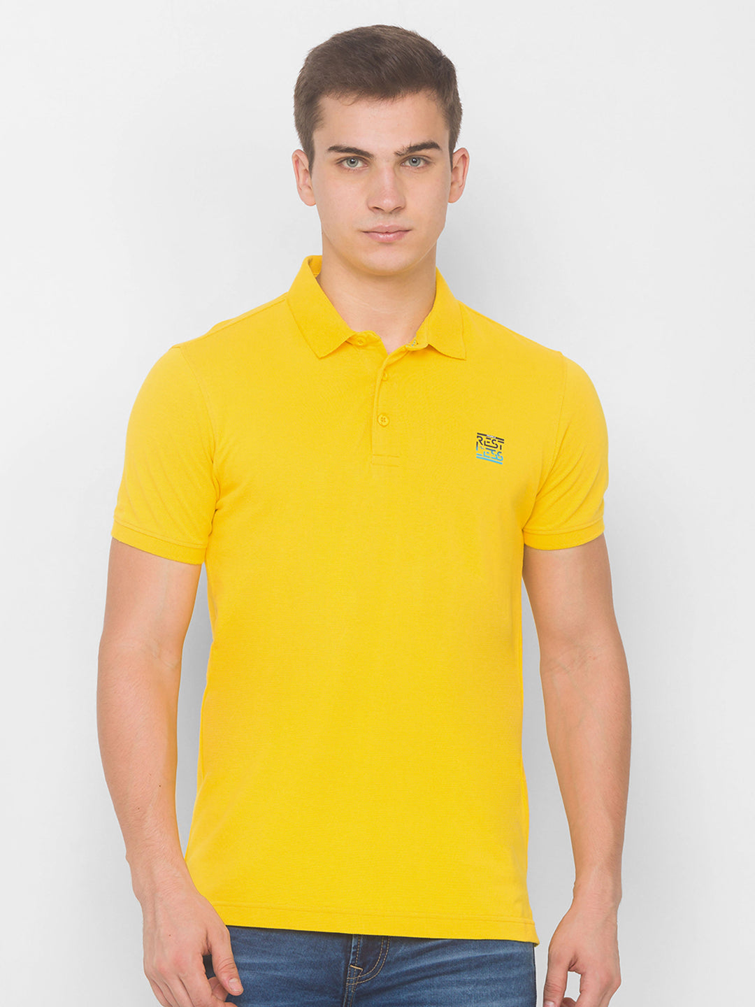 Spykar Men Yellow Cotton Slim Fit Polo T-Shirt