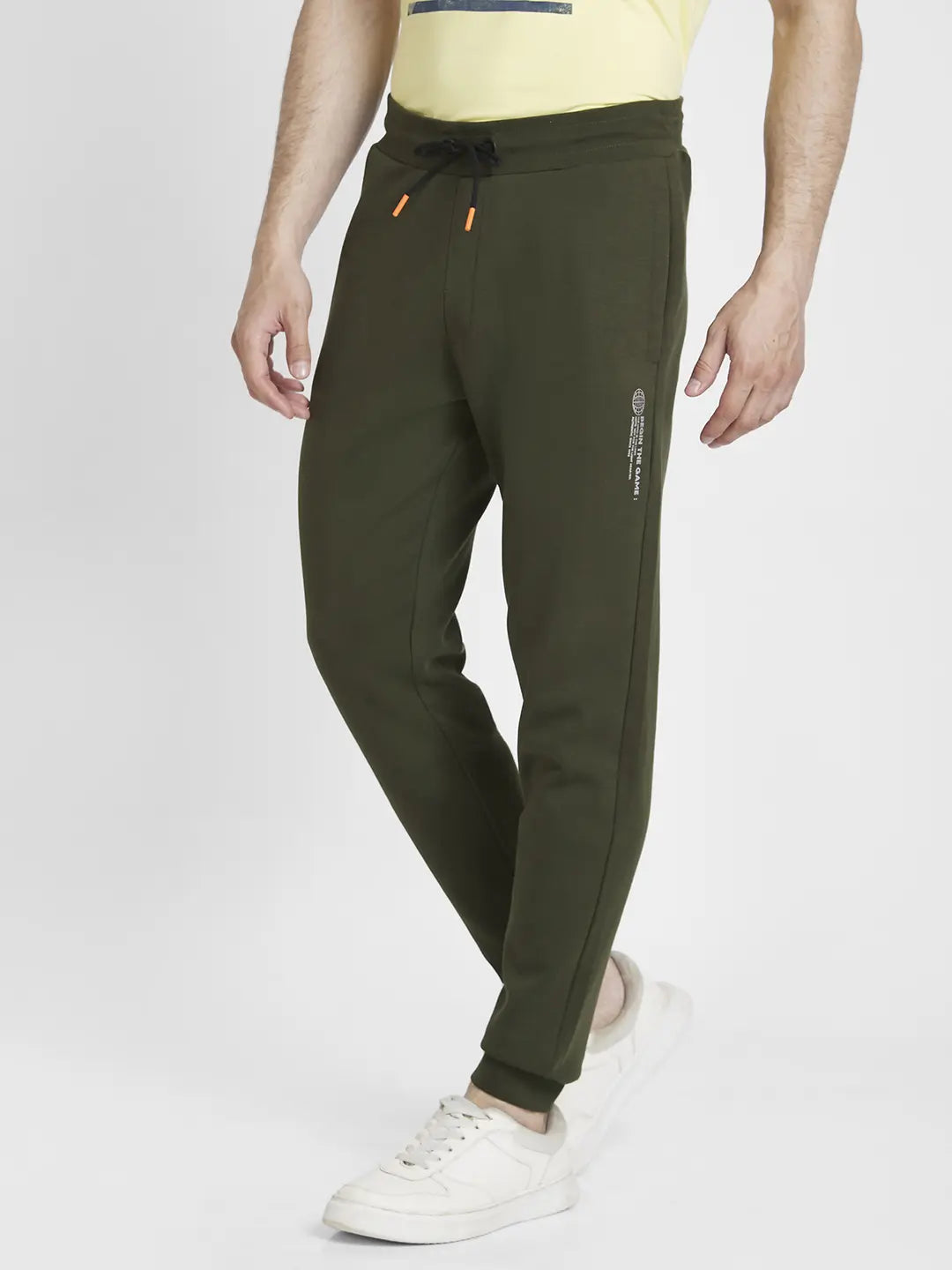 Spykar Men Olive Green Blended Regular Fit Plain Joggers Trackpant