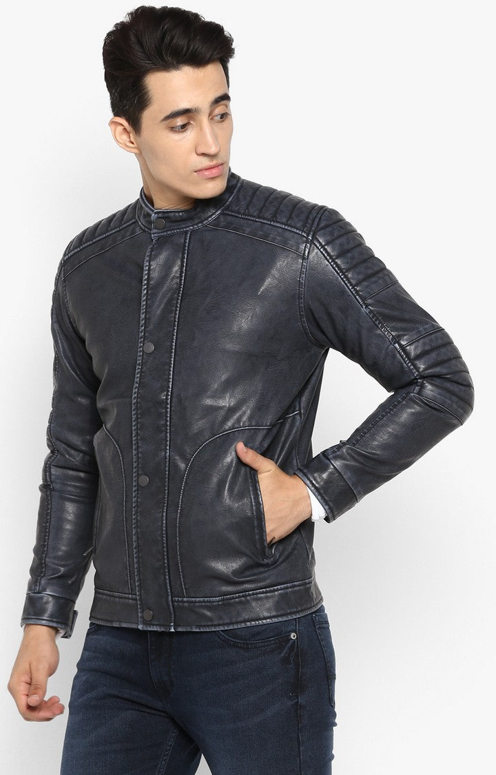 Spykar Men Navy Solid Slim Fit Leather Jacket