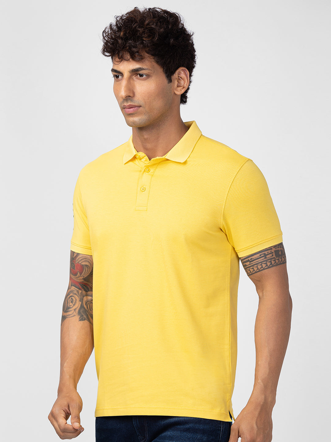 Spykar Men Yellow Cotton Regular Fit Half Sleeve Plain Polo T-Shirt