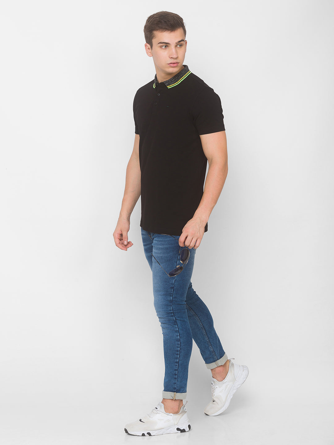 Spykar Men Black Cotton Slim Fit Polo T-Shirt