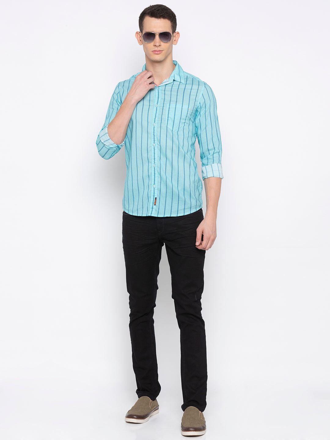 Spykar Men Mint Blue Cotton Slim Fit Shirt