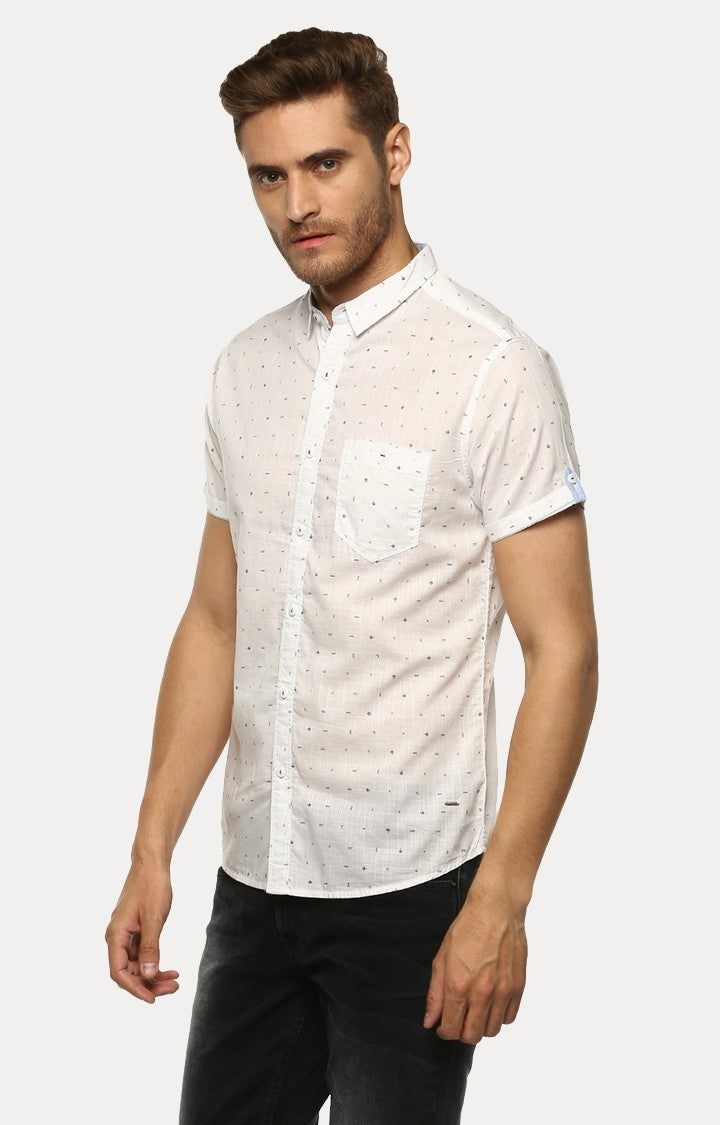 Spykar Men White Slub Slim Fit Printed Shirt