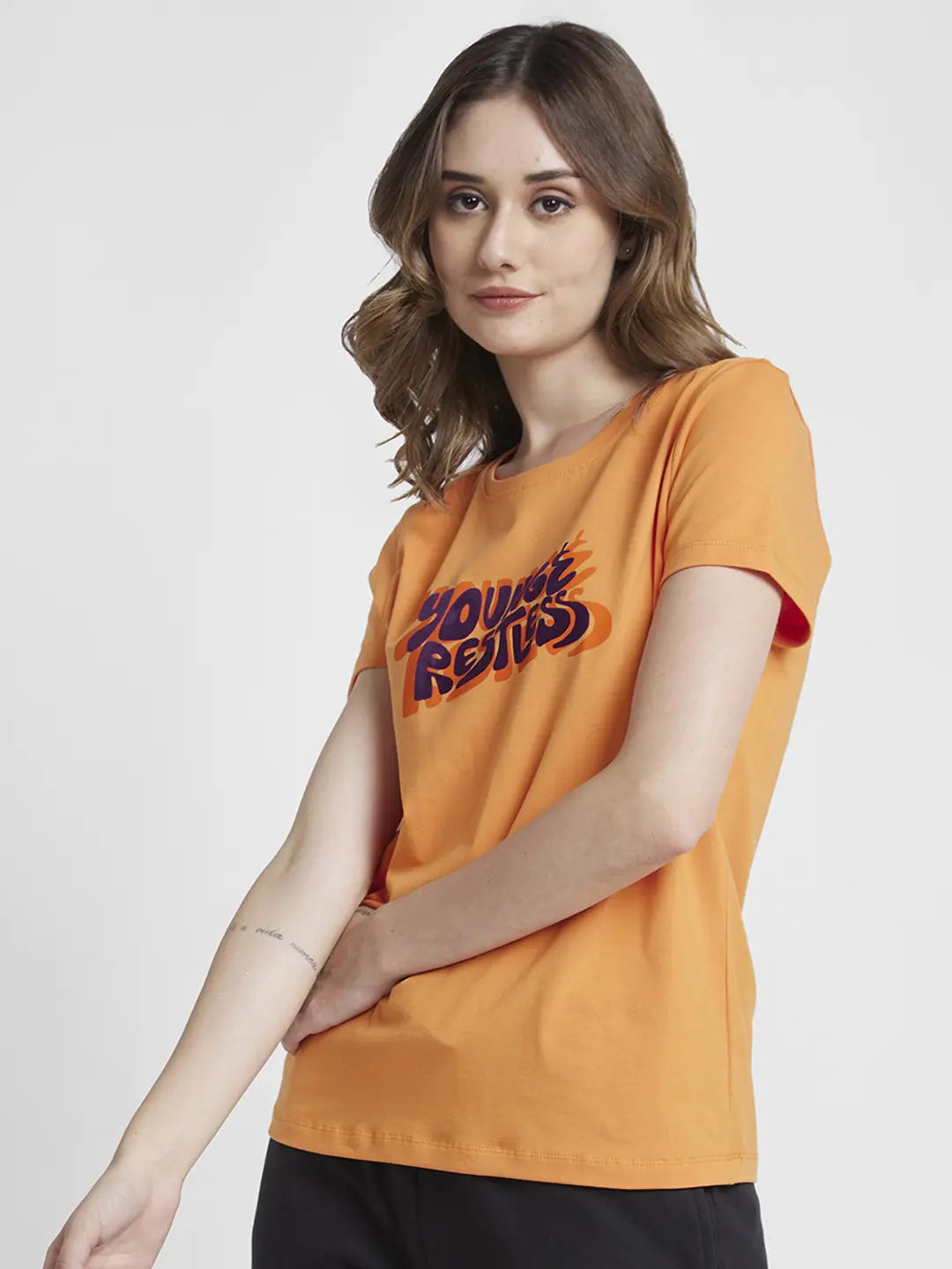 Spykar Women Apricot Crush Blended Regular Fit Half Sleeve Round Neck Printed Tshirt