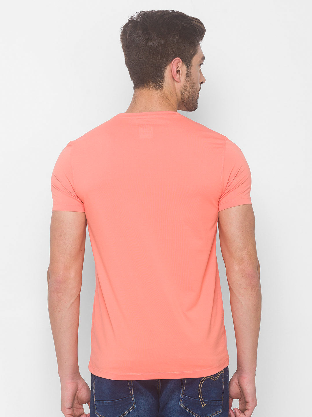 Spykar Men Pink Cotton Slim Fit Round Neck T-Shirt