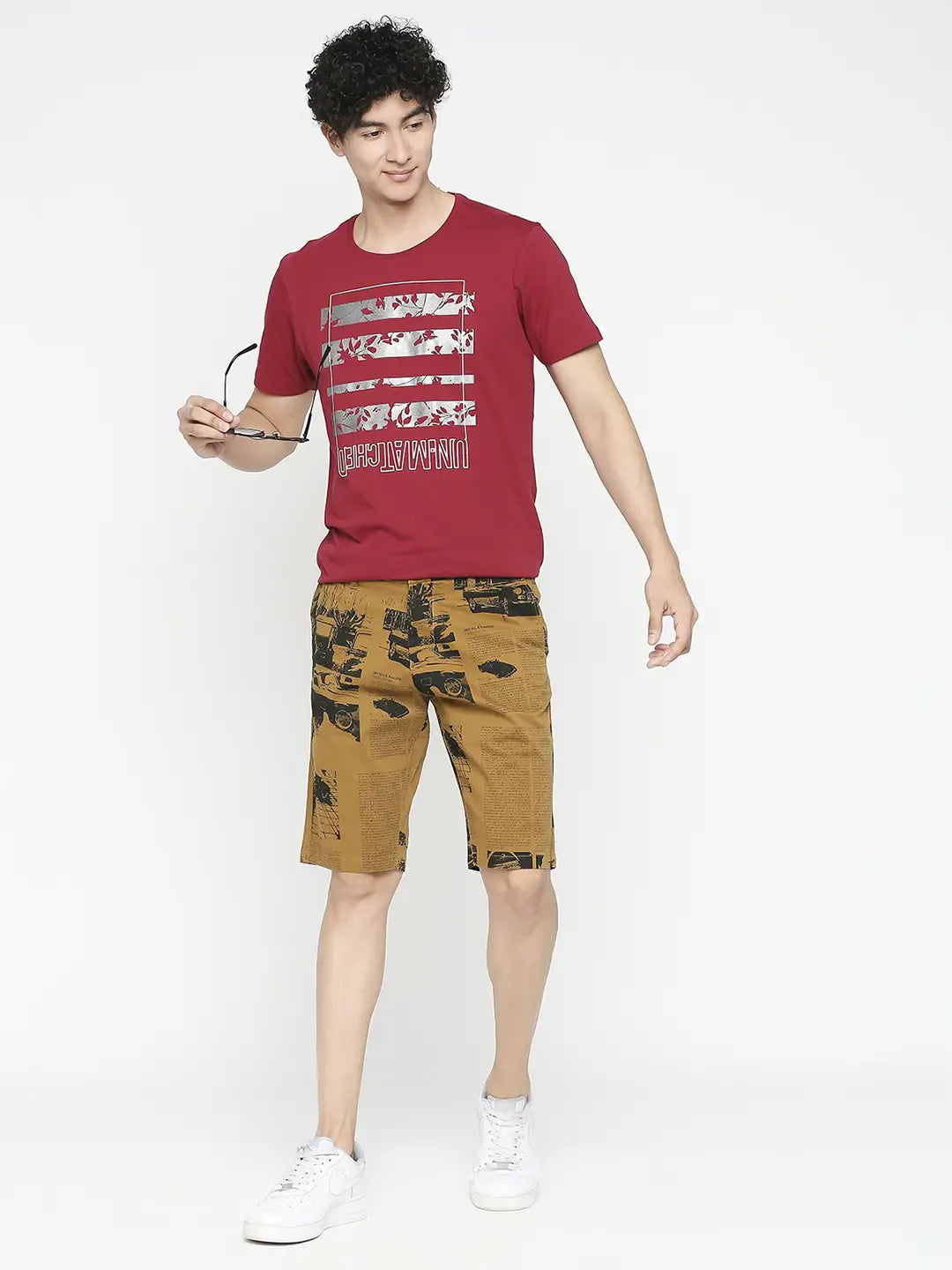 Spykar Men Khaki Cotton Slim Fit Printed Shorts