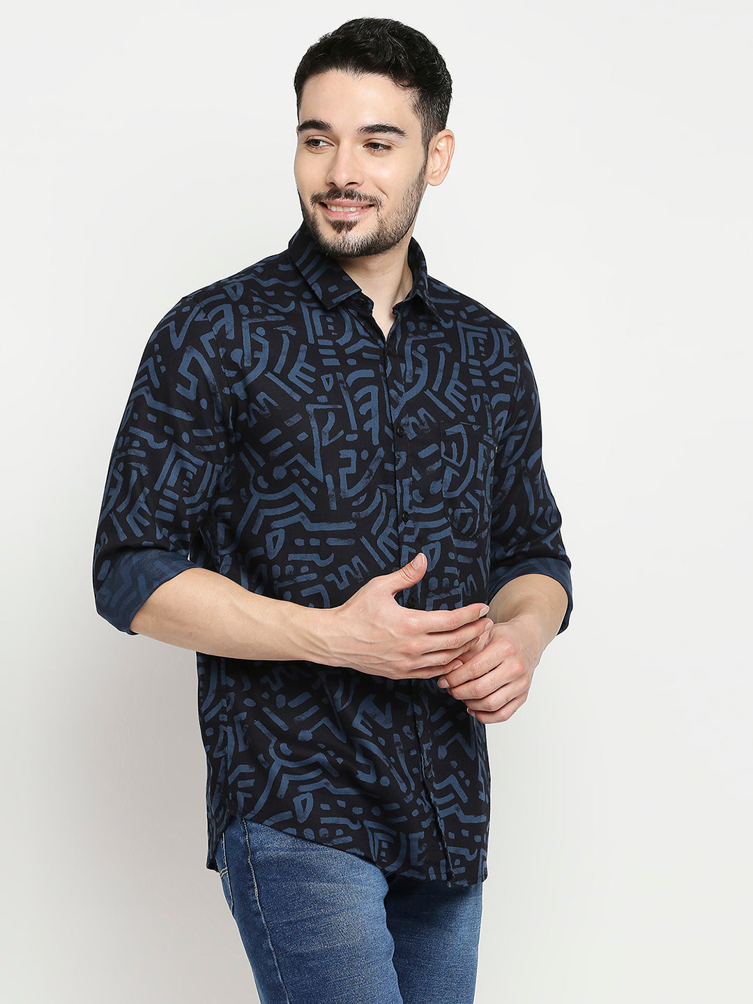 Spykar Navy Blue Cotton Full Sleeve Printed Shirt For Men