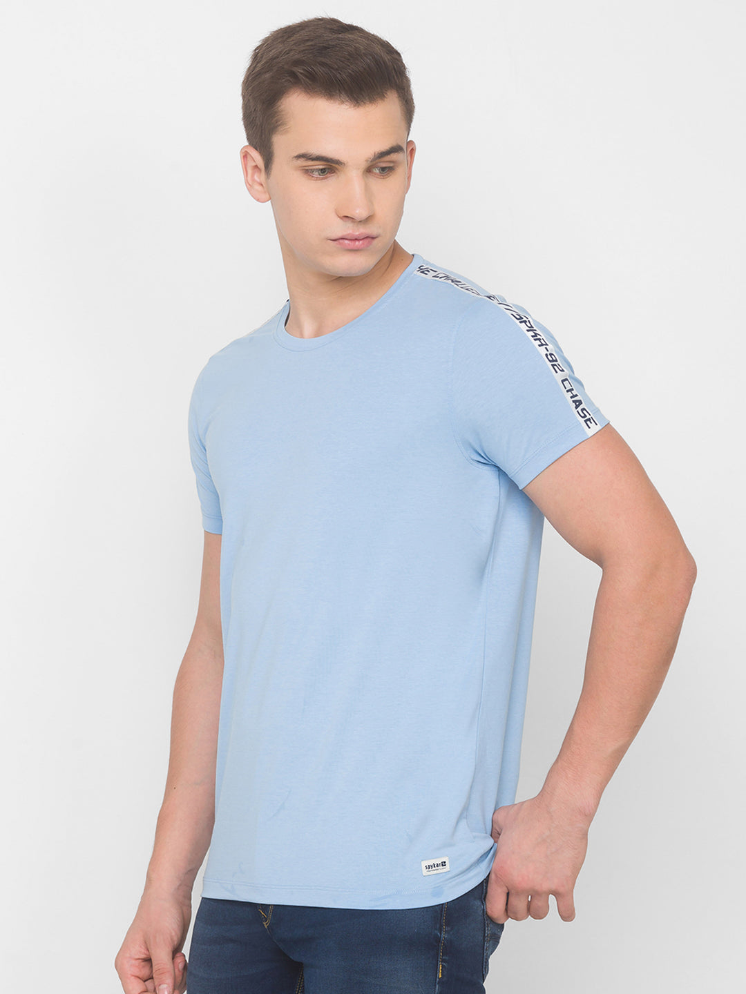 Spykar Men Blue Cotton Blend Slim Fit Round Neck T-Shirt