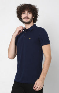 Men Premium Inkblue Cotton Regular Fit Polo T-Shirt - Underjeans By Spykar