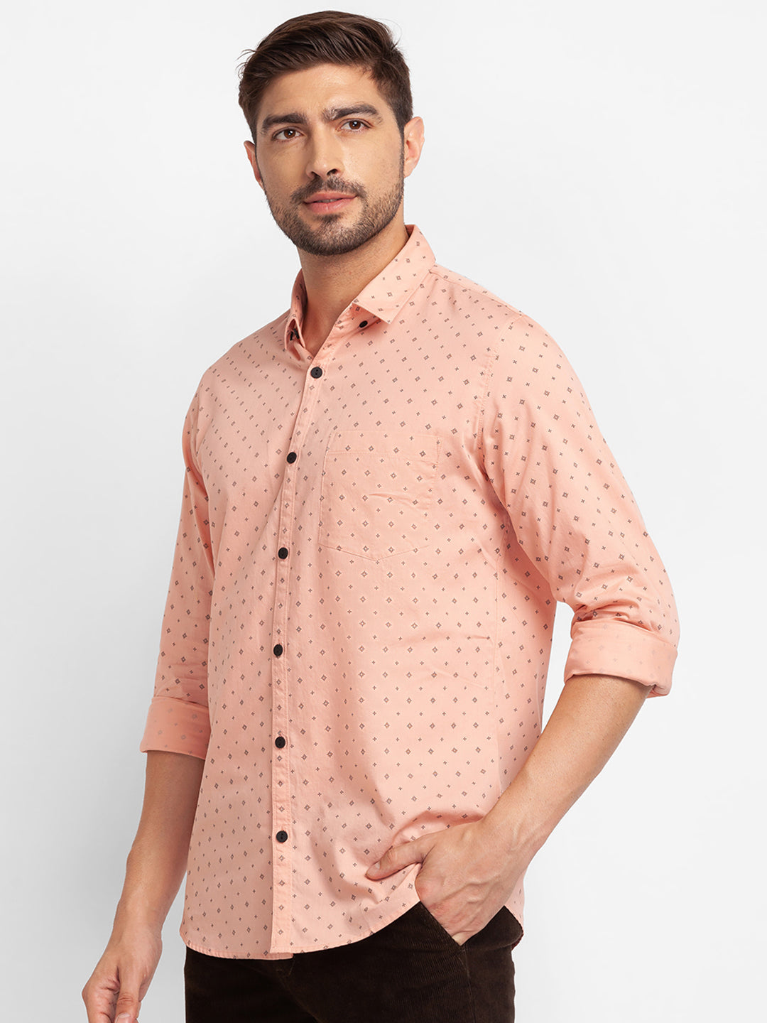 Spykar Dusty Pink Cotton Full Sleeve Printed Shirt For Men