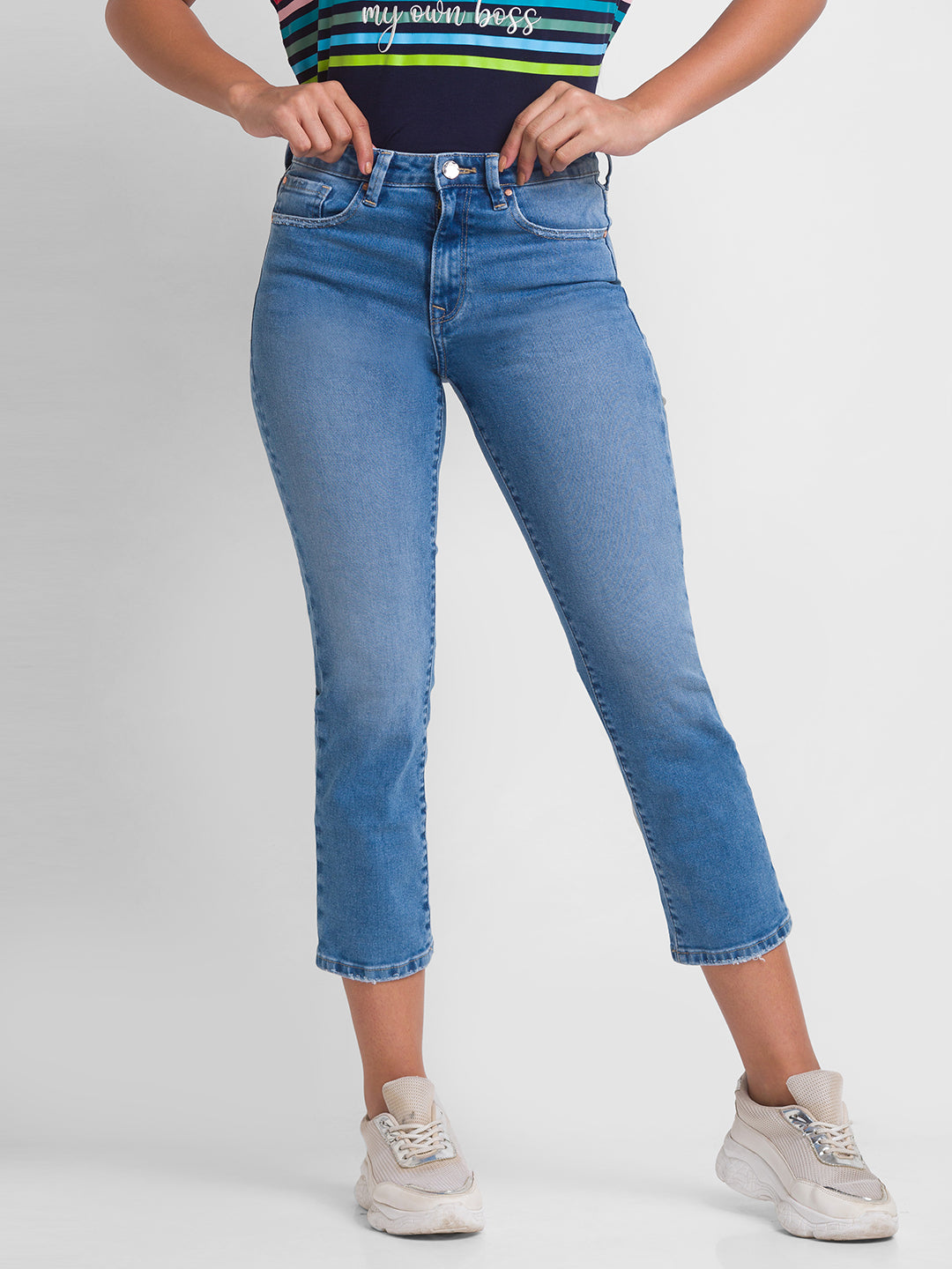Spykar Light Blue Lycra Slim Straight Fit Ankle Length Jeans For Women (Emma)