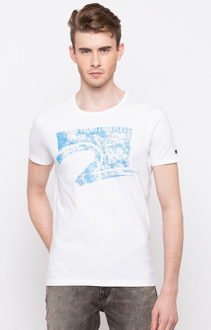 Spykar White Printed Slim Fit Men T-Shirts