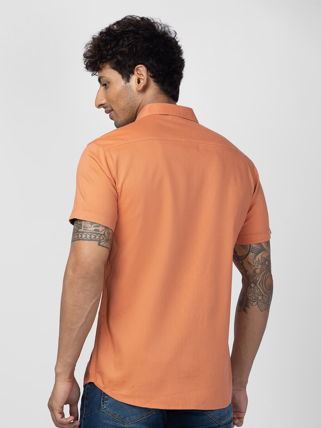 Spykar Men Sunset Orange Cotton Slim Fit Plain Shirt