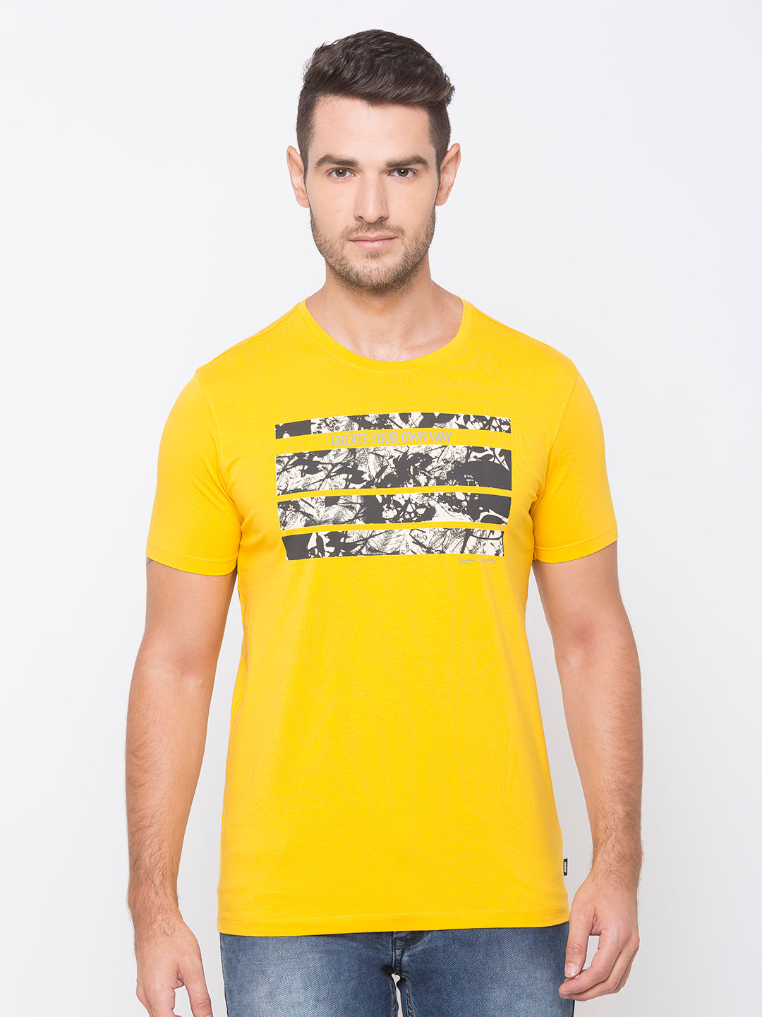 Spykar Men Yellow Cotton Slim Fit Round Neck T-Shirt