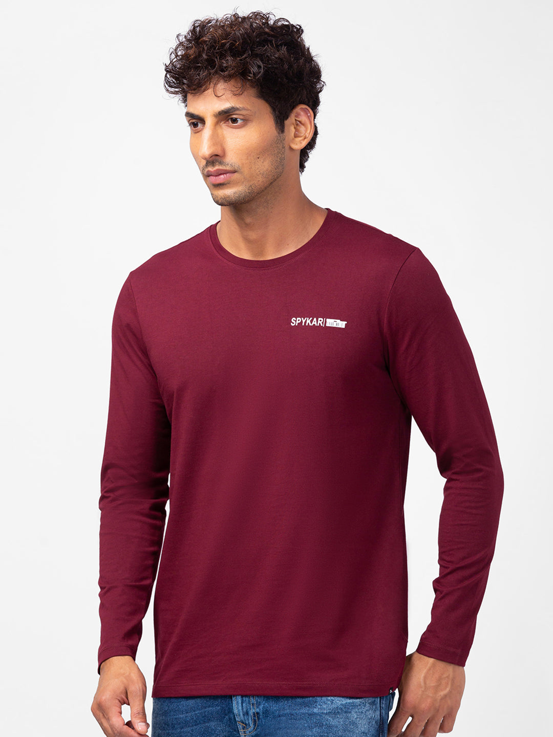 Spykar Men Wine Cotton Slim Fit Round Neck Plain T-Shirt