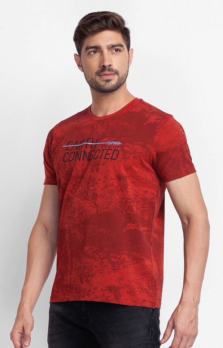 Spykar Brick Red Cotton Half Sleeve Printed Casual T-Shirt For Men