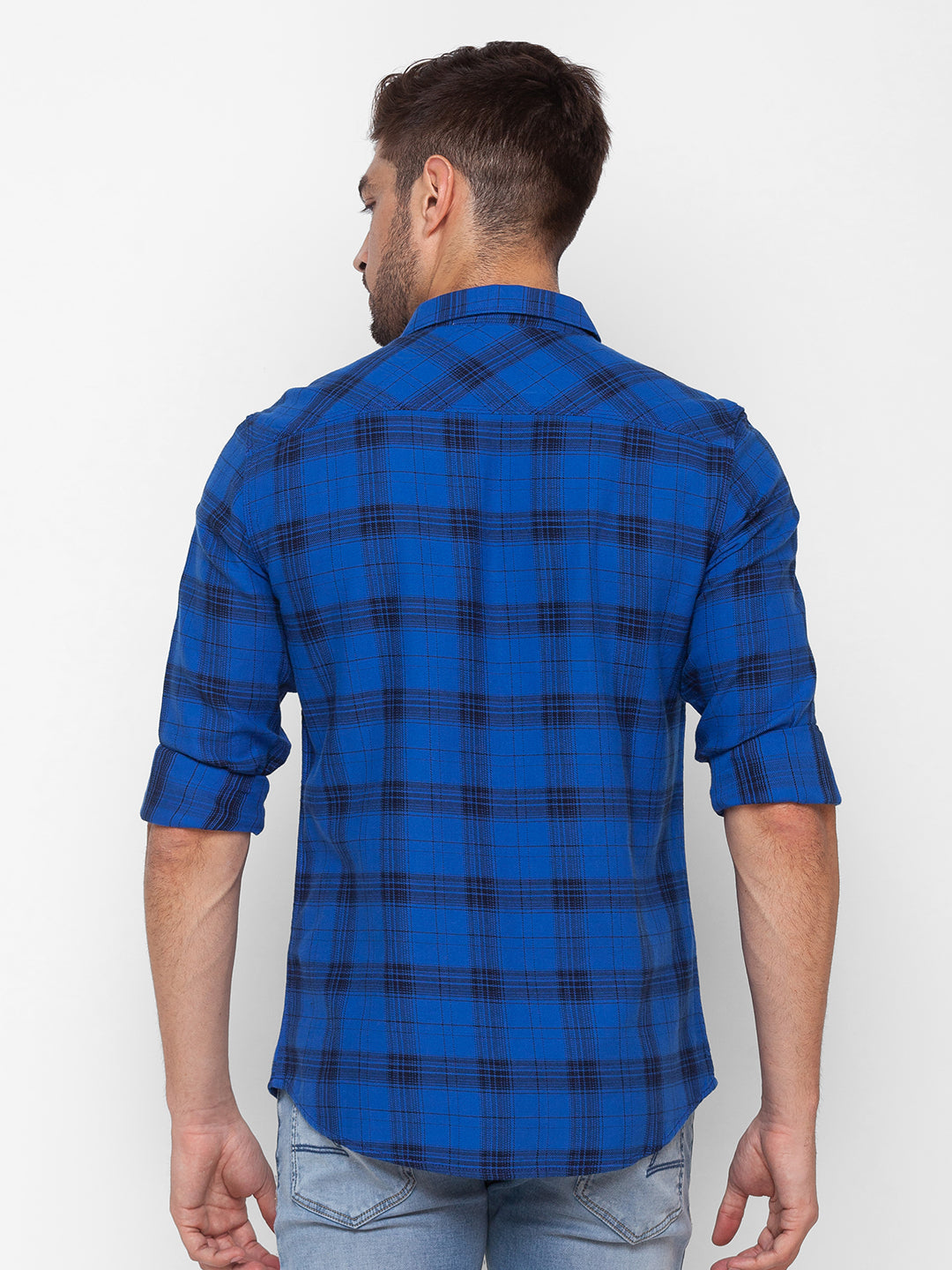 Spykar True Blue Cotton Full Sleeve Checks Shirt For Men