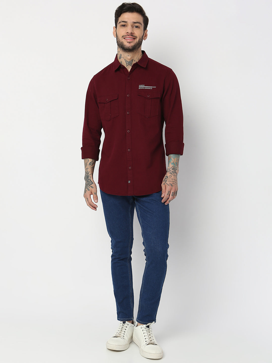 Spykar Men Maroon Cotton Slim Fit Plain Shirts