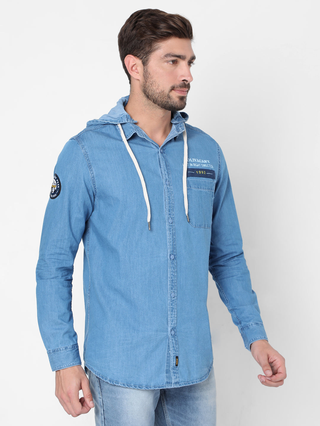 Spykar Blue Cotton Slim Fit Hooded Shirts For Men