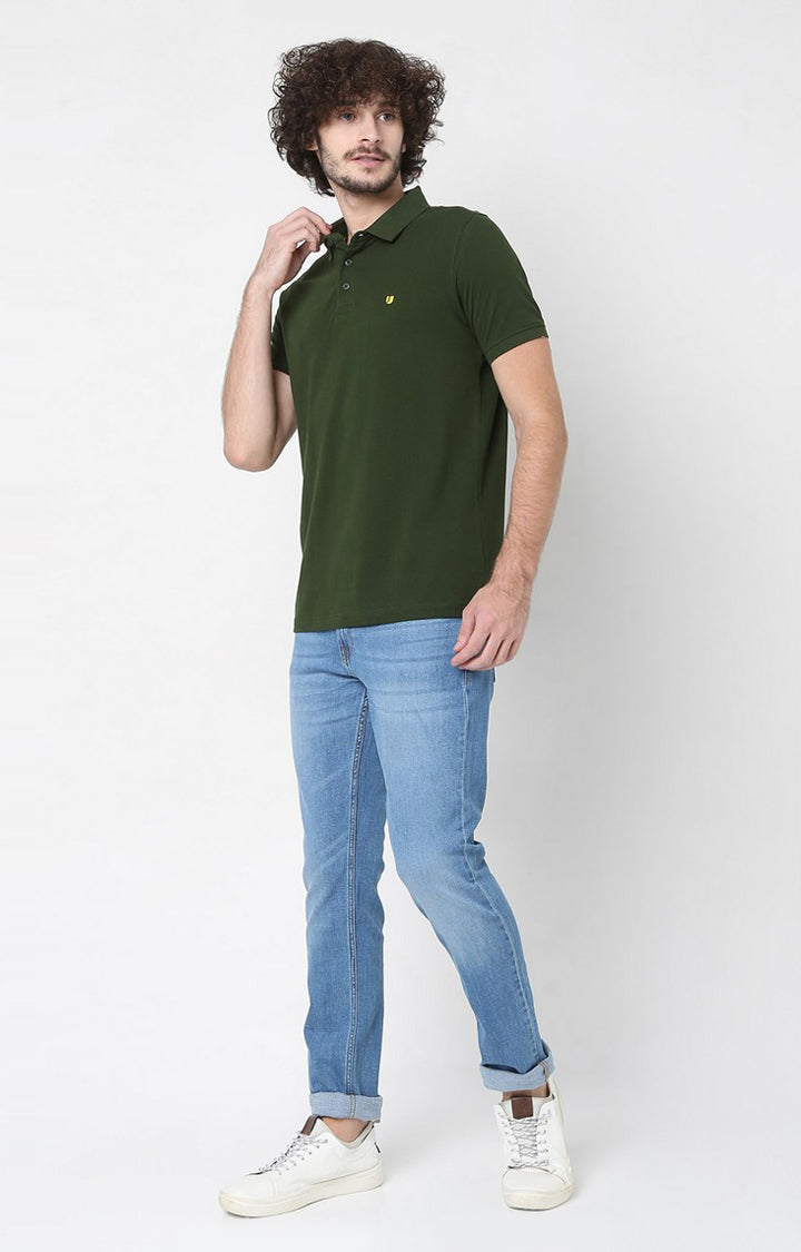 Men Premium Green Cotton Regular Fit Polo T-Shirt - Underjeans By Spykar