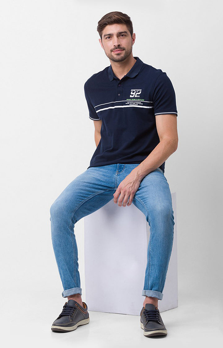 Spykar Navy Blue Cotton Half Sleeve Printed Casual Polo T-Shirt For Men