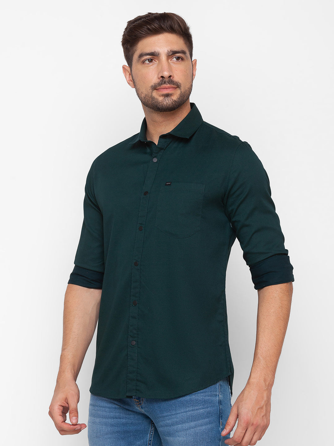 Spykar Bottle Green Satin Full Sleeve Printed Shirt For Men