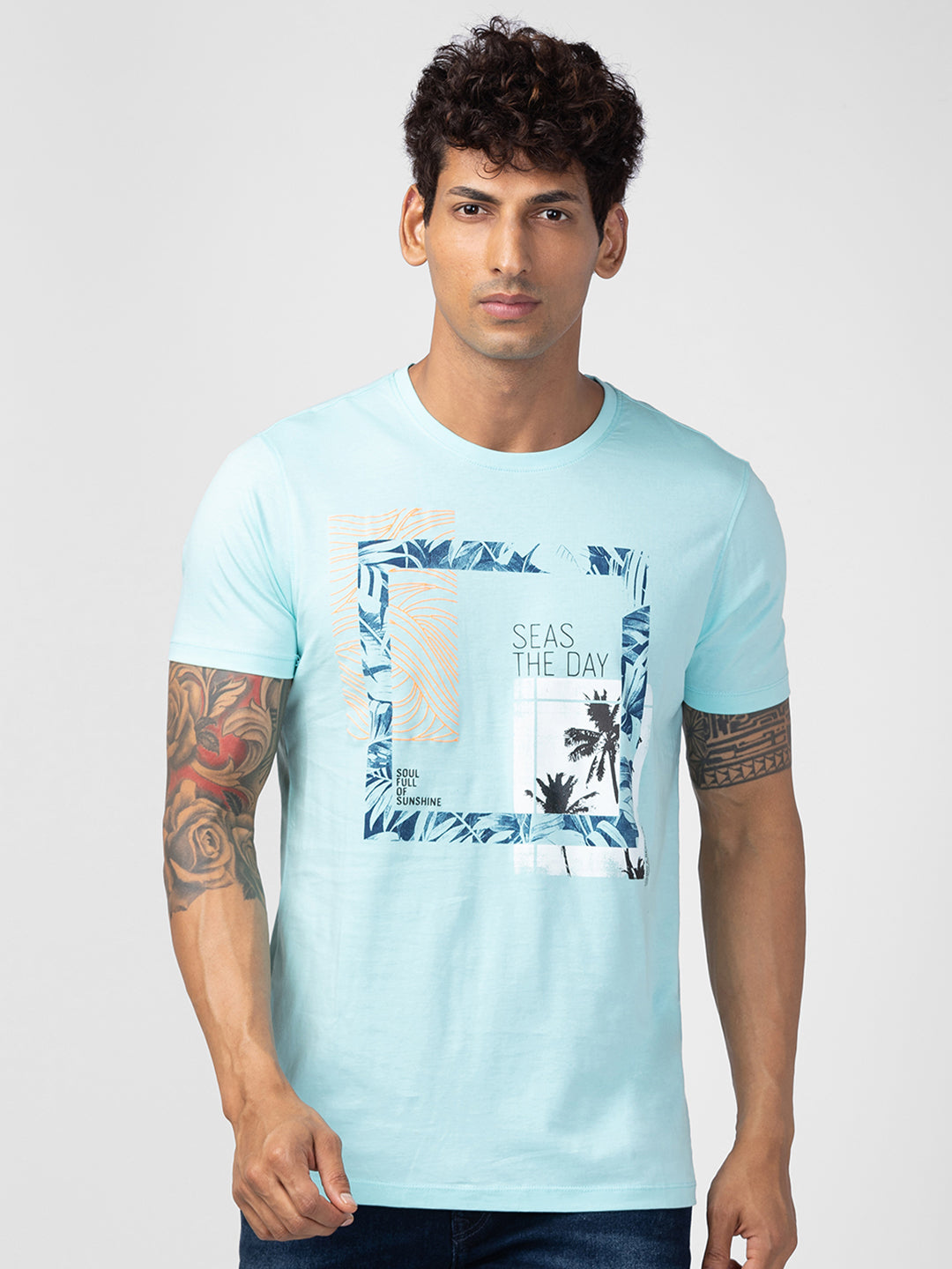 Spykar Men Bleached Aqua Cotton Regular Fit Half Sleeve Printed T-Shirt