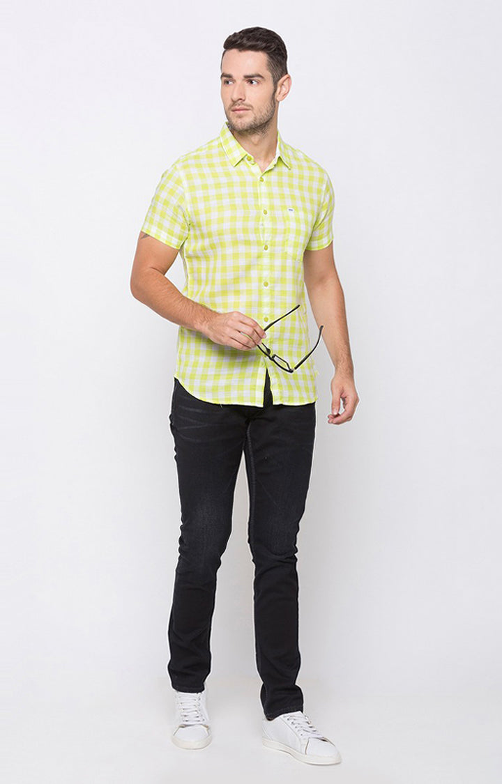 Spykar Men Lime Yellow Cotton Slim Fit Checkered Shirt