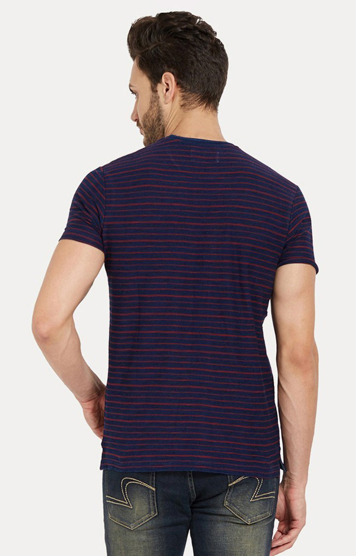 Spykar Blue and Red Striped Slim Fit Men T-Shirts