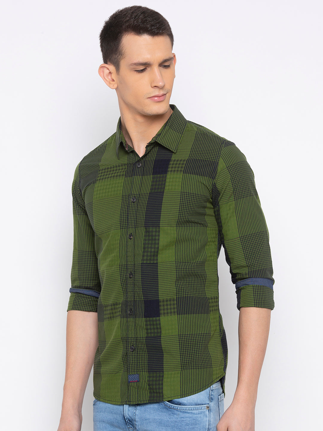 Spykar Men Green Checked Slim Fit Casual Shirt