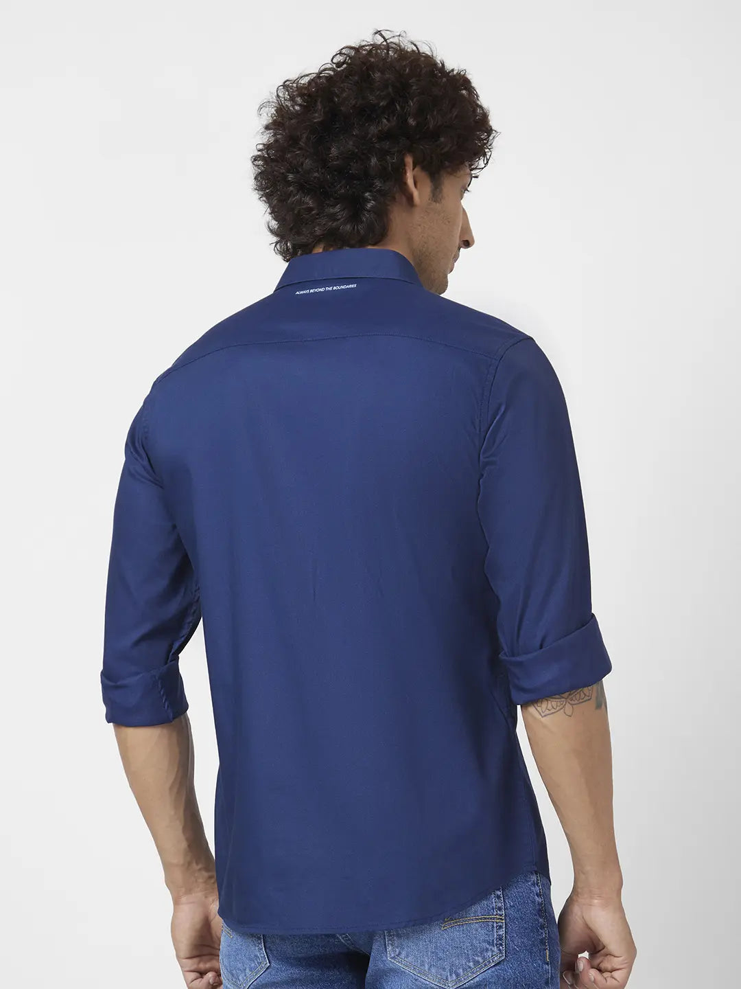 Spykar Men Indigo Blue Cotton Slim Fit Full Sleeve Plain Shirt