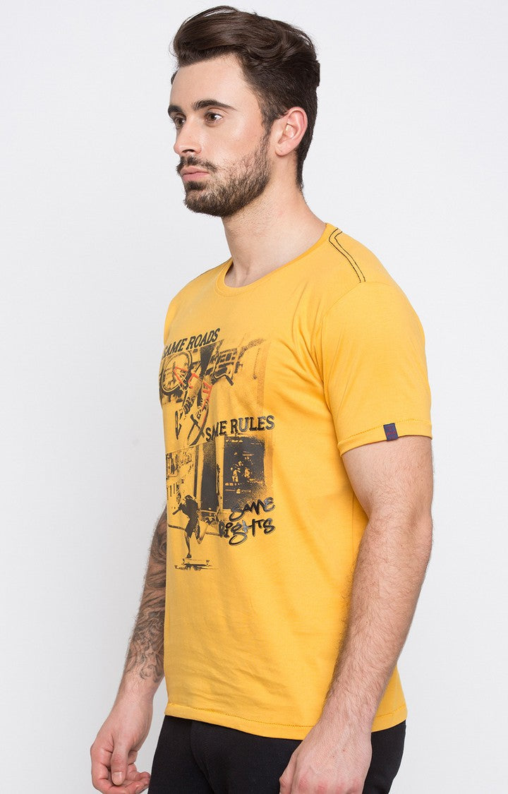 Spykar Yellow Printed Slim Fit Men T-Shirts