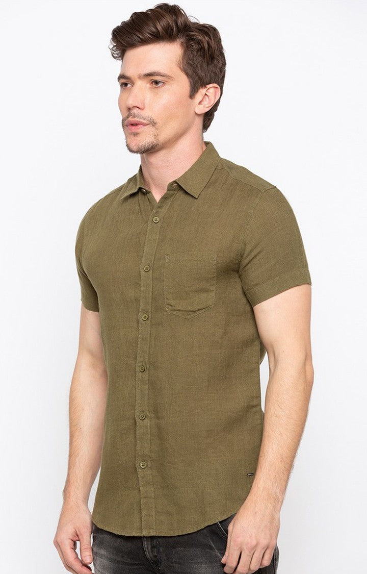 Spykar Men'S Green Cotton Solid Casual Shirts