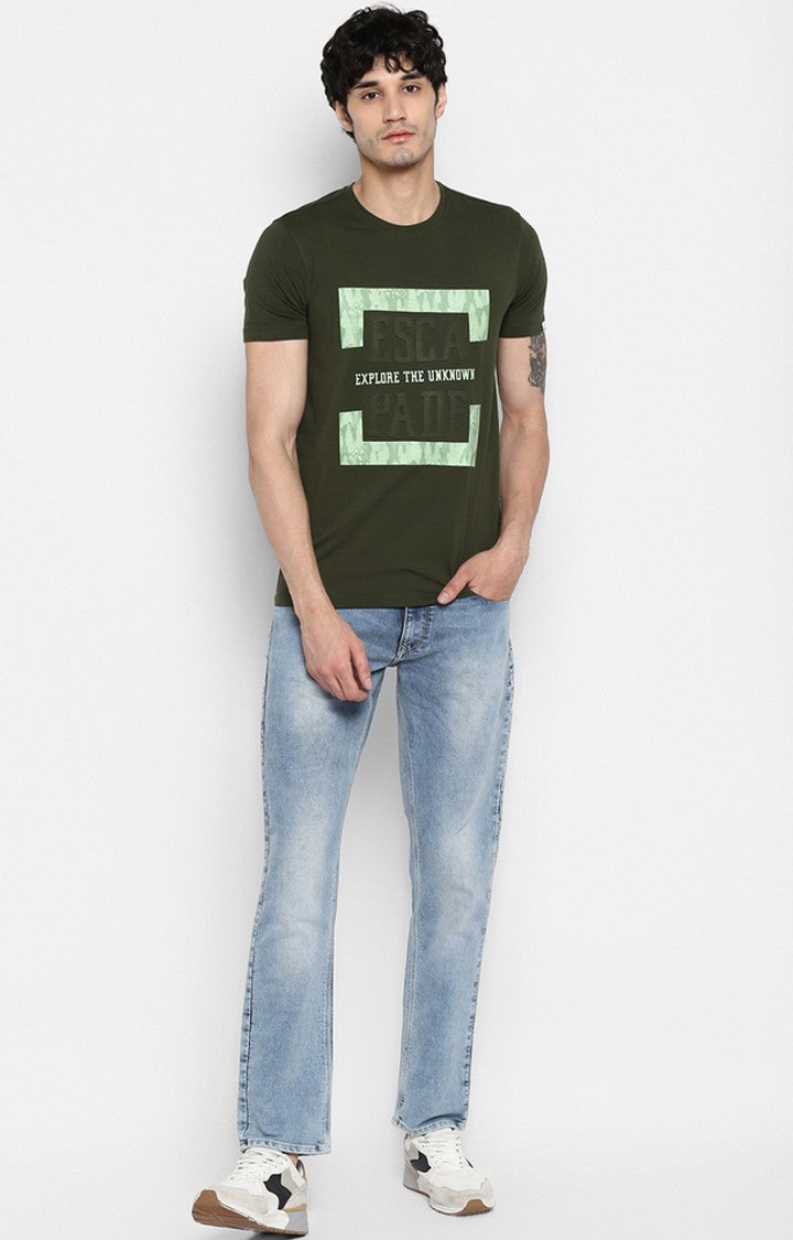 Spykar Olive Printed Slim Fit Men T-Shirts