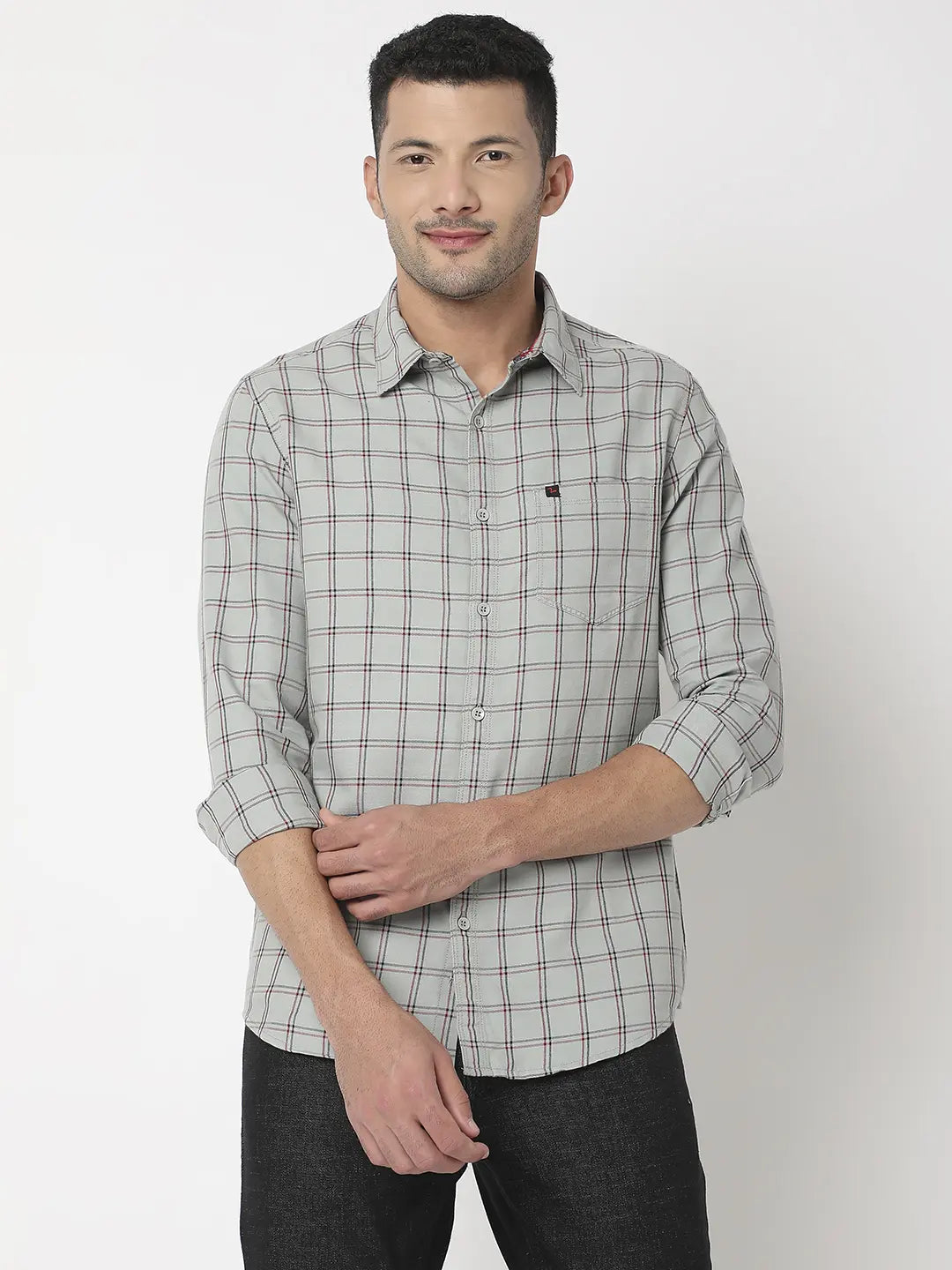 Spykar Men Grey Cotton Slim Fit Checkered Shirt