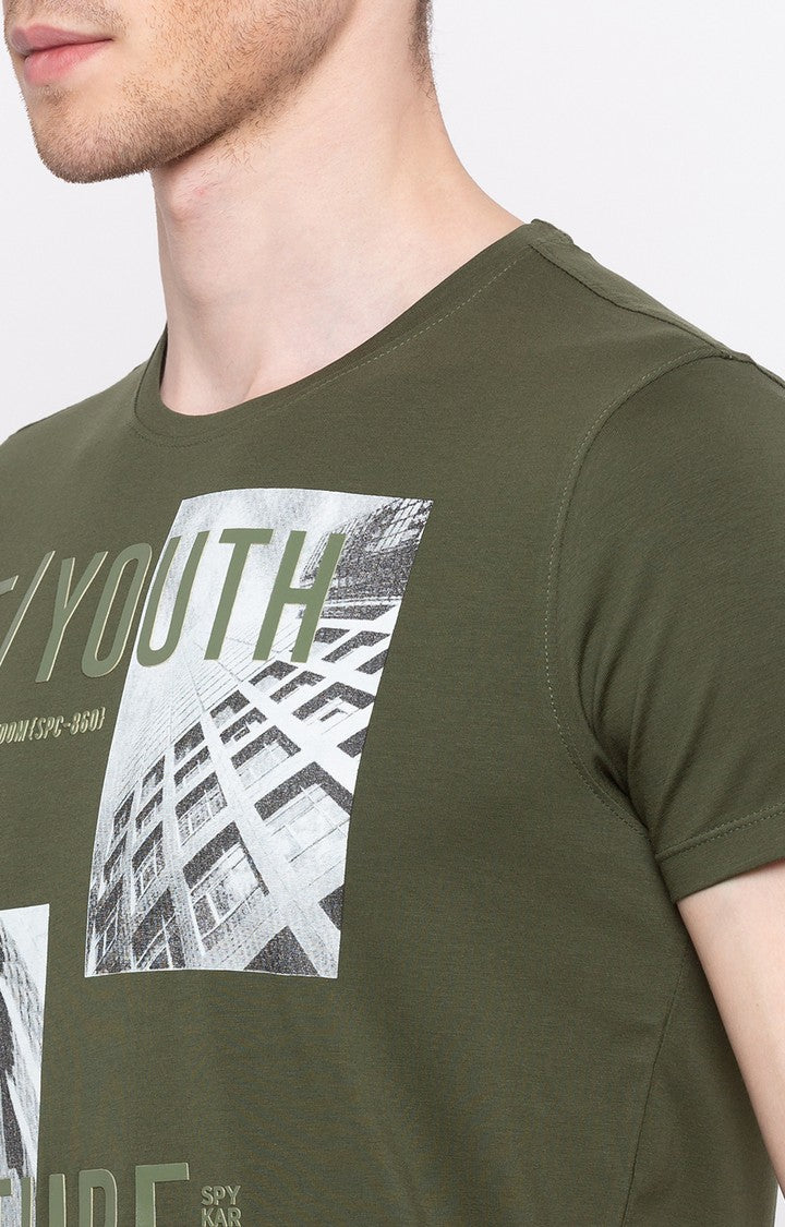 Spykar Olive Printed Slim Fit Men T-Shirts