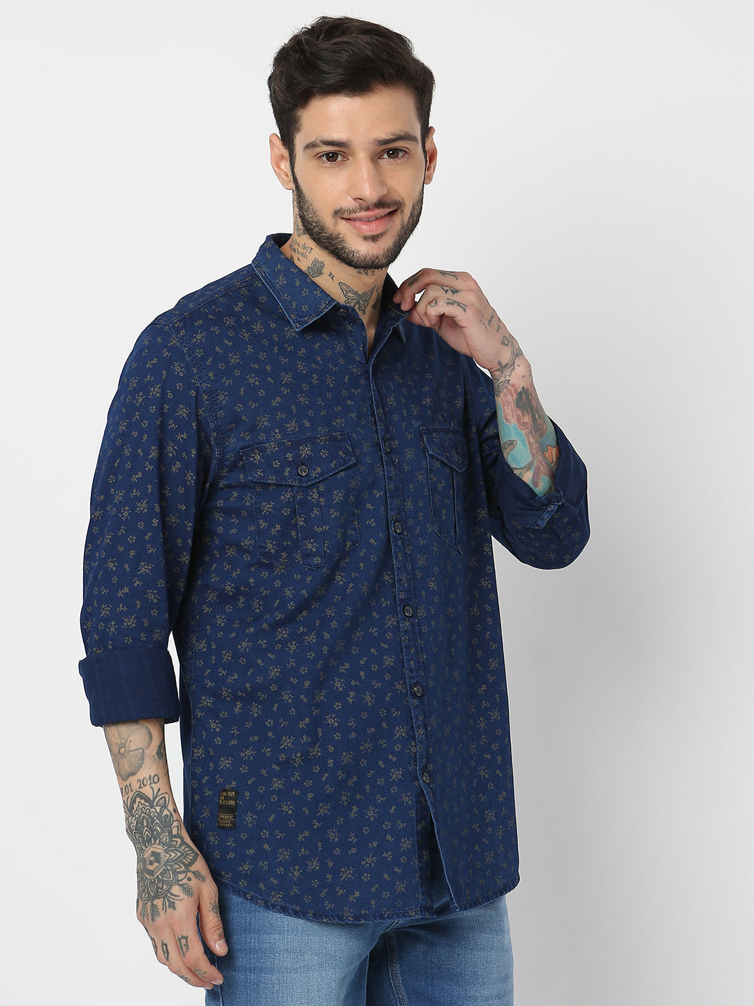 Spykar Men Indigo Blue/Khaki Cotton Slim Fit Printed Shirts