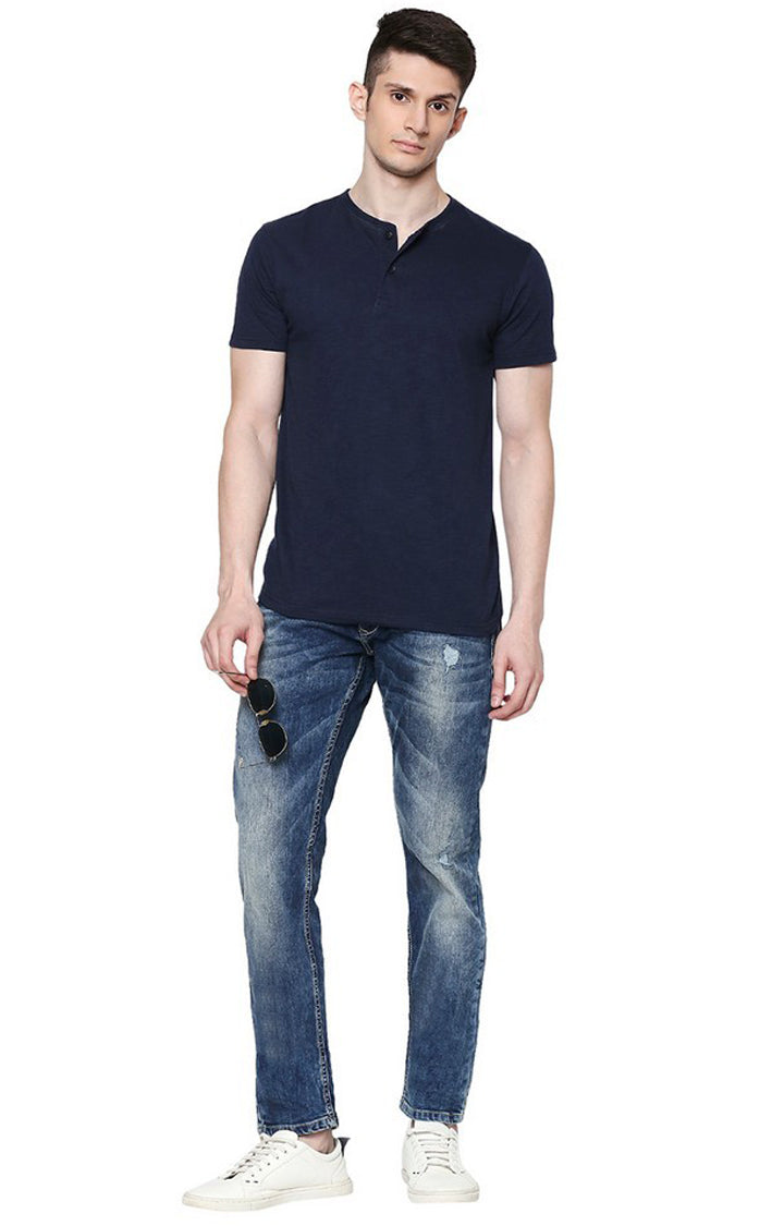 Spykar Blue Cotton Slim Fit Tapered Ankle Length Jeans For Men