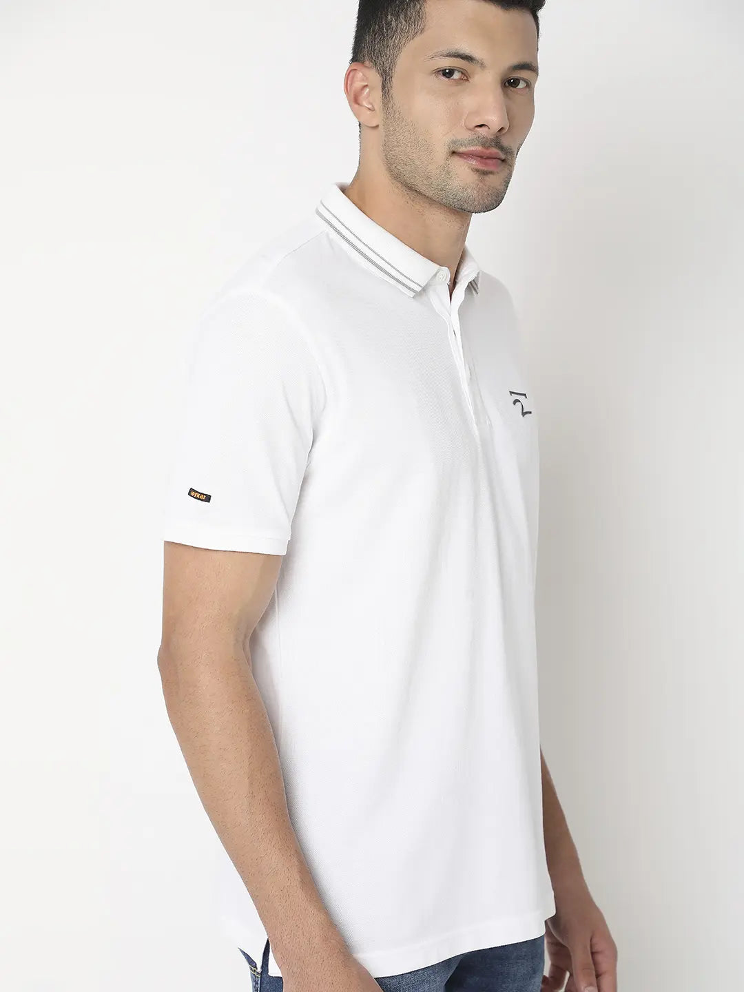 Spykar Men White Cotton Regular Fit Plain Polo Tshirt