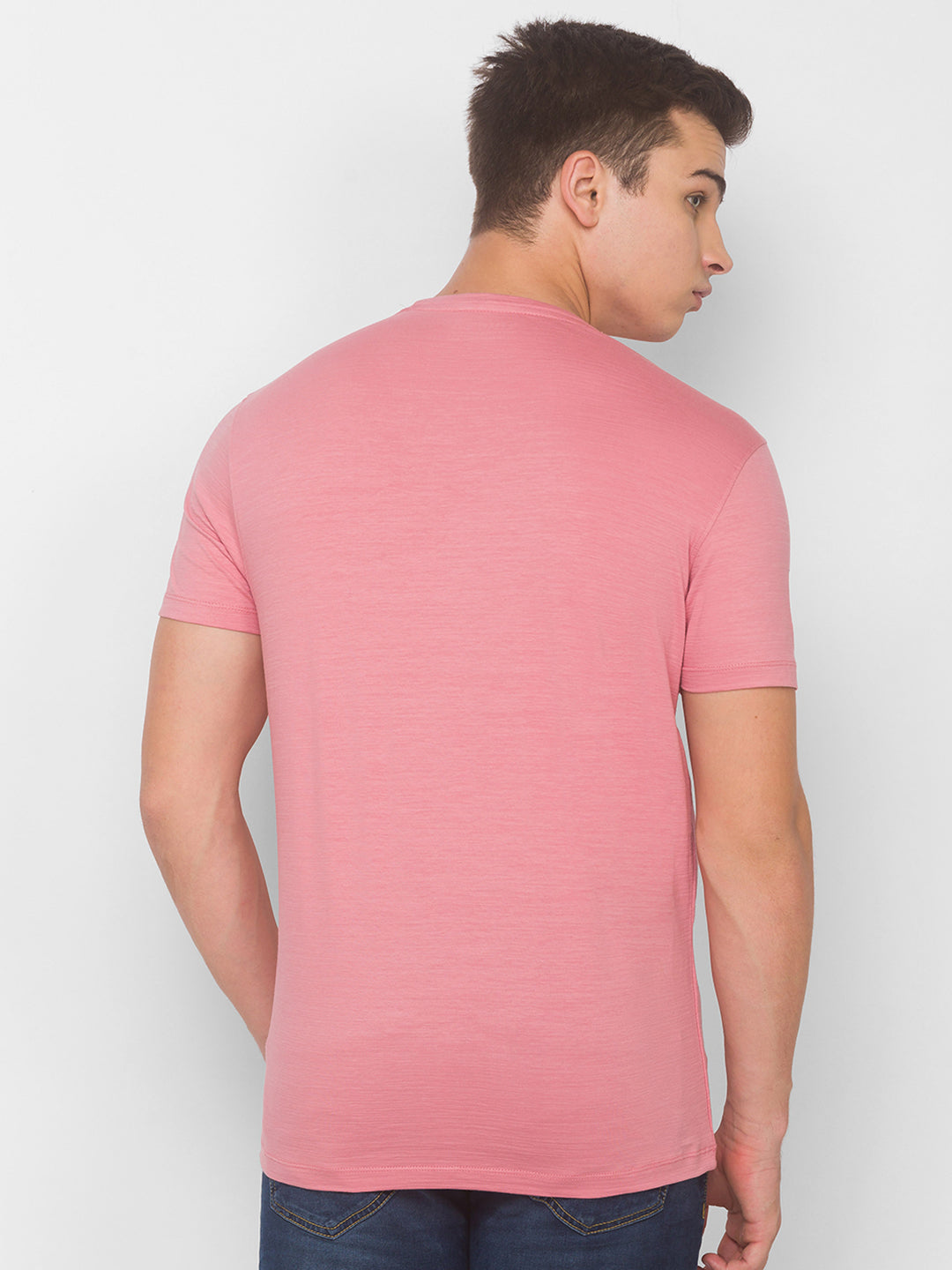 Spykar Men Pink Cotton Slim Fit Round Neck T-Shirt