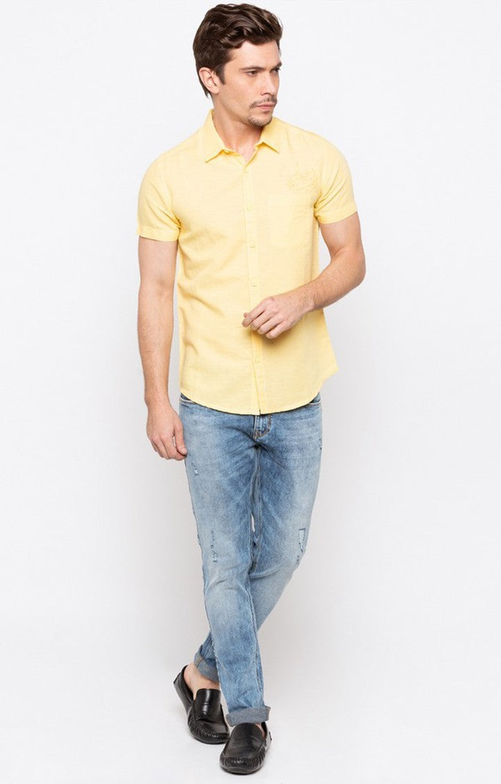 Spykar Men'S Yellow Cotton Solid Casual Shirts