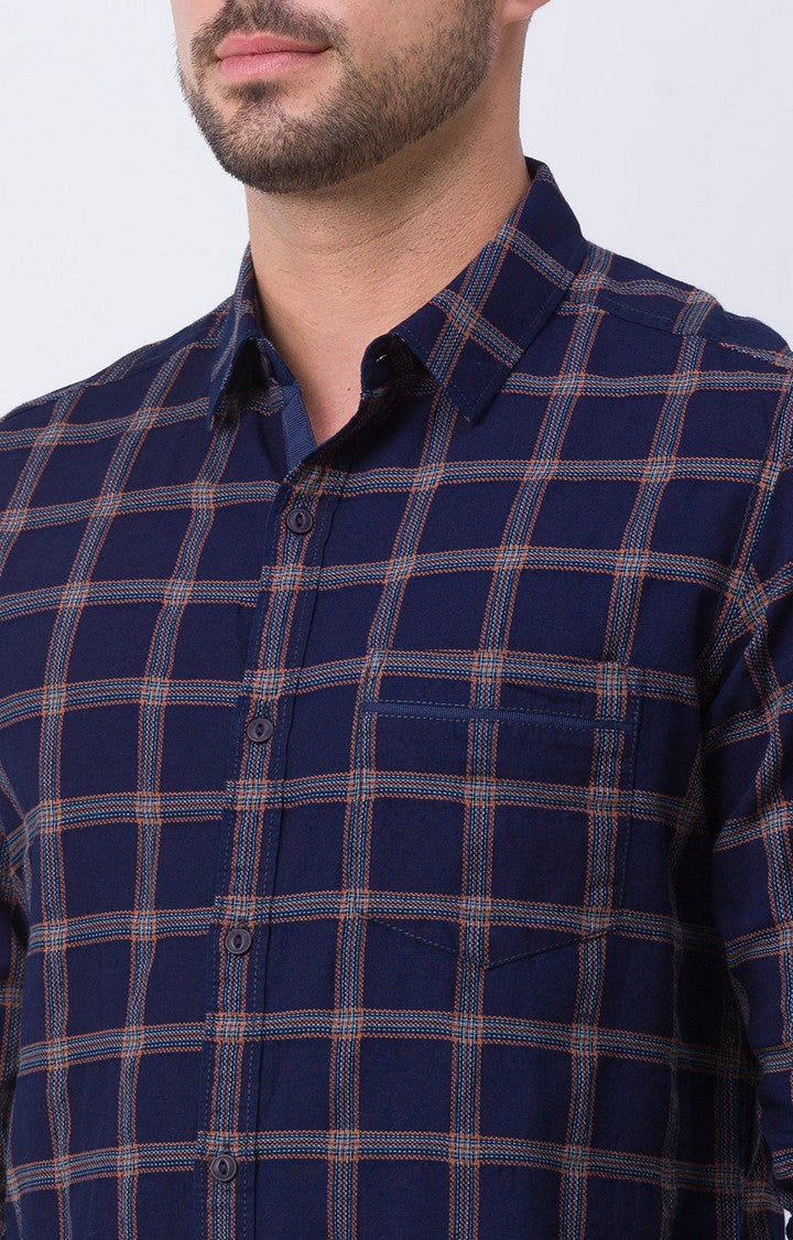 Spykar Navy Blue Cotton Full Sleeve Checks Shirt For Men