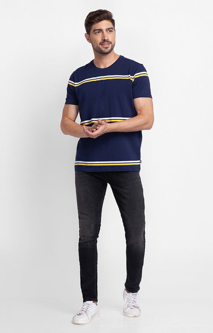 Spykar Navy Blue Cotton Half Sleeve Stripes Casual T-Shirt For Men