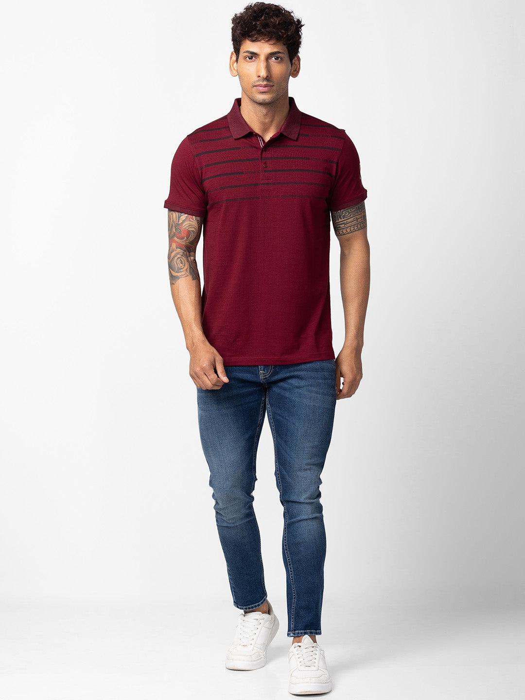 Spykar Men Wine Cotton Regular Fit Half Sleeve Printed Polo T-Shirt