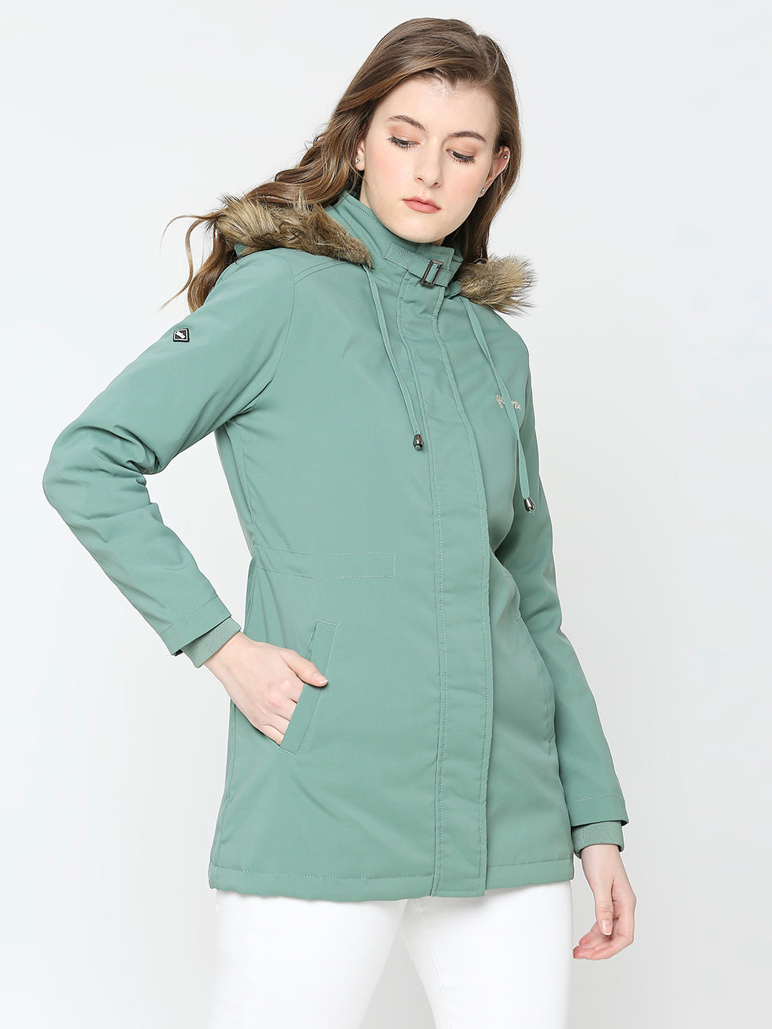 Spykar Women Sea Green Nylon Slim Fit Hooded Jacket