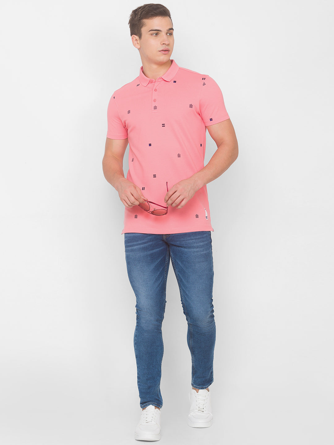 Spykar Men Pink Cotton Slim Fit Polo T-Shirt